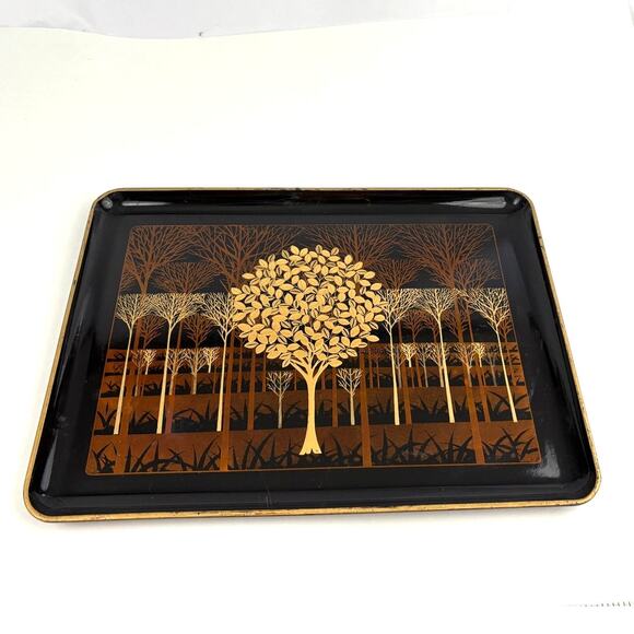 VTG Lacquerware Serving Tray Otagiri Original Japan Gold Gilt Tree Forest 14" - Picture 8 of 13